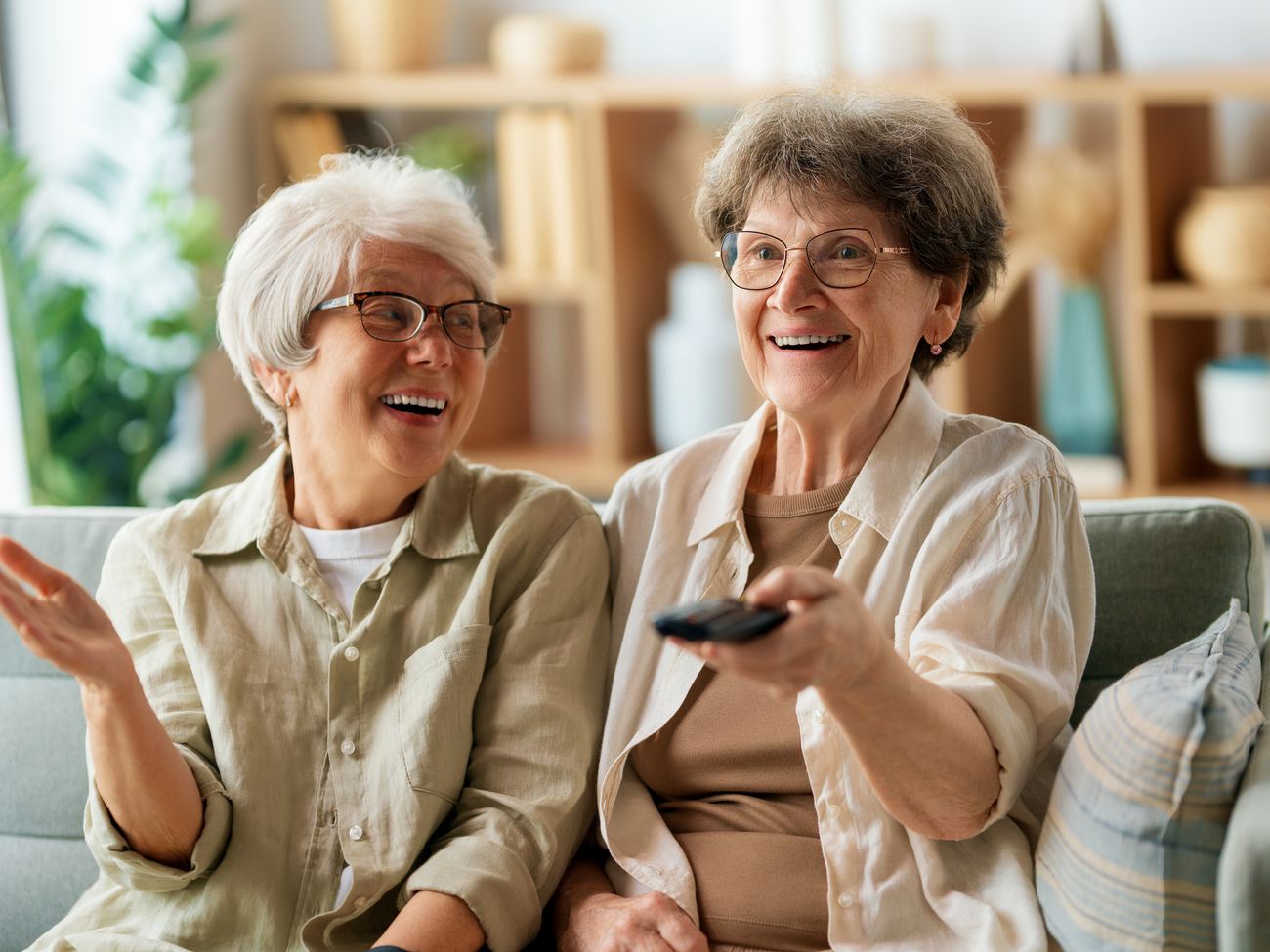 Senior living residents laughing together
